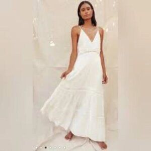 Lulu's Light Breeze White Striped Crochet Lace Tiered Maxi Dress XS